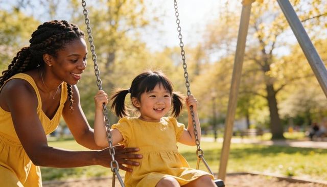 Black Caregiver Pushing Asian Child on Swing in Sunlit Park, Smiling Bonding Moment