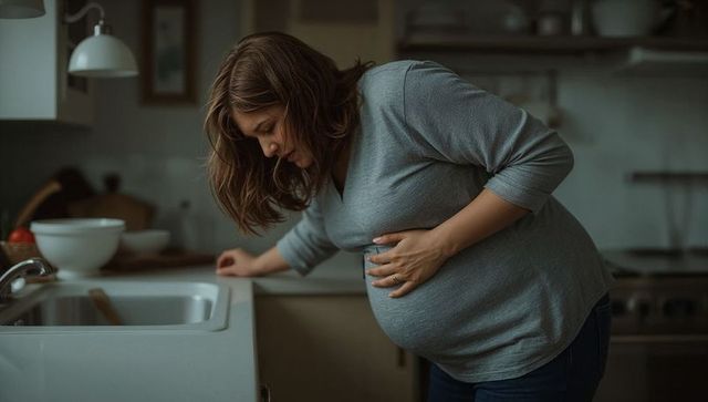 Pregnant woman leaning on kitchen counter holding belly experiencing contractions in late pregnancy