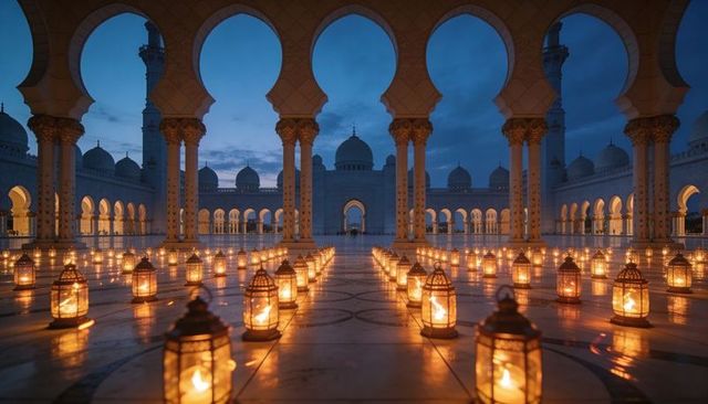Lantern-lined marble arcade glowing at dusk, mosque arches and symmetry in colonnade