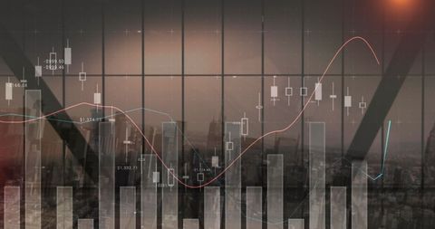 Financial graphs overlay against cityscape skyline view