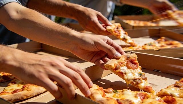 Friends grabbing pepperoni pizza slices from boxes outdoors in sunlit casual gathering