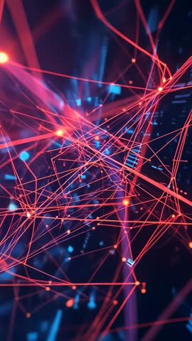 Vertical Cyber Network Tunnel Pushing Through Neon Web of Pulsing Data Nodes