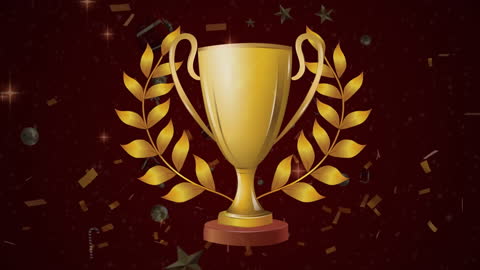 Gold Trophy with Laurel Leaves on Celebratory Background