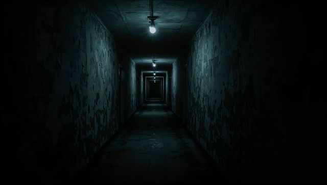 Eerie abandoned basement corridor with exposed bulbs and peeling paint, moody depth