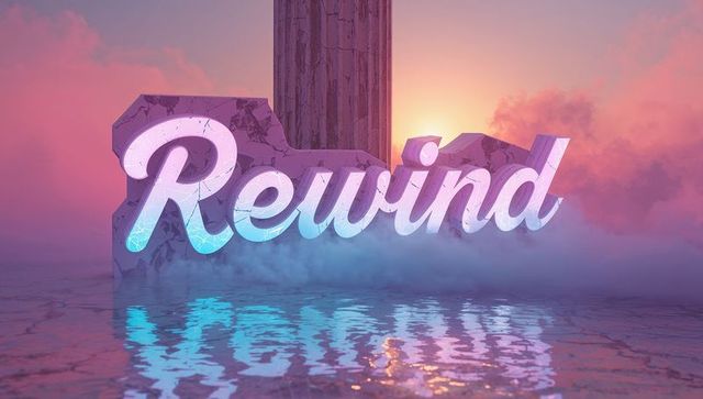 Rewind neon script on marble base at sunset with mist, reflective water and cyan glow