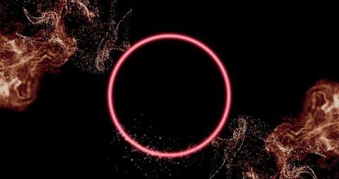 Glowing neon circle with mystical smoke on black background