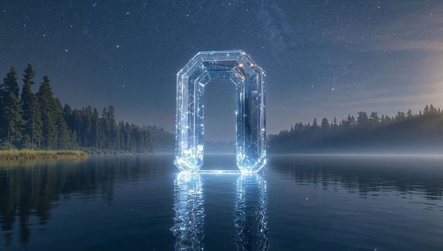 Glowing Futuristic Archway on Serene Night Lake