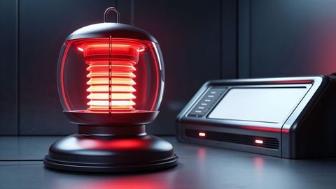 Futuristic red alert lantern on tabletop in high-tech lab