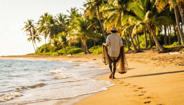 Fisherman walking along tropical beach carrying traditional fishing net at golden sunrise
