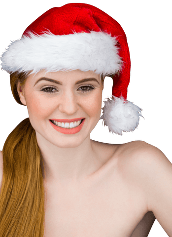 Woman smiling wearing santa hat transparent background