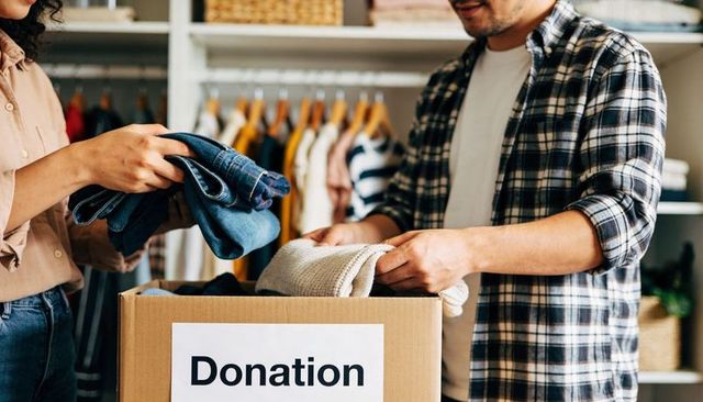 Volunteers sorting and folding clothes for donation box in community closet outreach