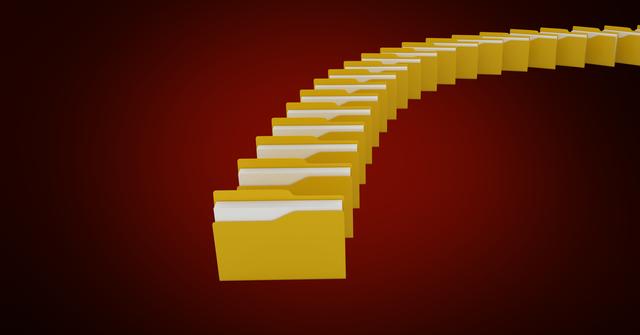 Row of yellow folders arranged in a curved line on a red background. Ideal for illustrating concepts of organization, data management, and office work. Suitable for use in business presentations, websites, and articles related to document storage, archiving, and information management.