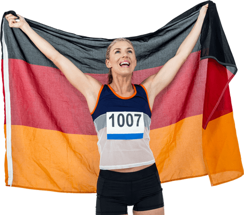 Transparent winner holding german flag with number bib