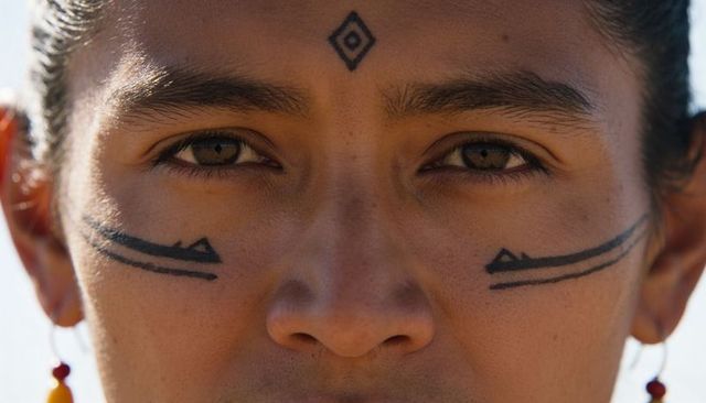 Close-up young man with tribal face paint and red-yellow beaded earrings, intense gaze