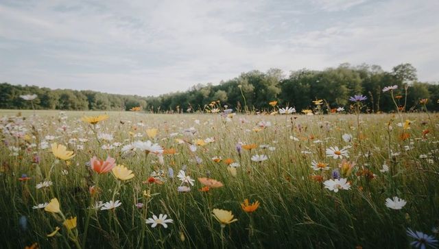 Wildflower meadow stretching to distant treeline, colorful blooms swaying under soft sky