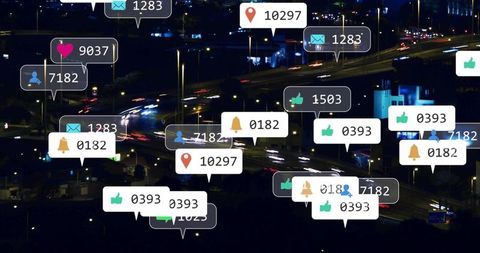 Social Media Metrics Above Night Highway with Light Trails