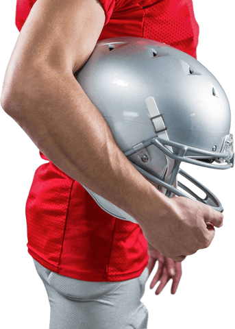 Arm of football player holding helmet with transparent background