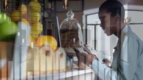 Woman Checking Financial Data in Modern Urban Cafe
