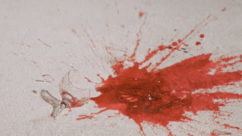 Red Wine Glass Shattering on Floor Creating Dramatic Splash