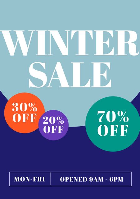Colorful banner illustrating winter sale with 30%, 20%, and 70% off highlighted visually in orange, purple, and green bubbles respectively. Suitable for retail promotions, seasonal marketing, online shops, newsletters, advertising campaigns, and store posters. Indicates store hours Monday to Friday, with opening times from 9 AM to 6 PM.