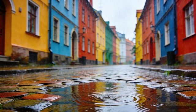 Rainy cobblestone street with colorful townhouse reflections and rippling puddle close-up