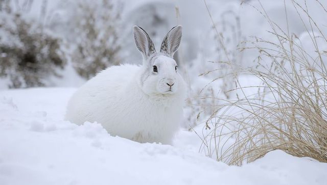 Arctic hare perched in snowy meadow near dried grasses wildlife winter nature scene