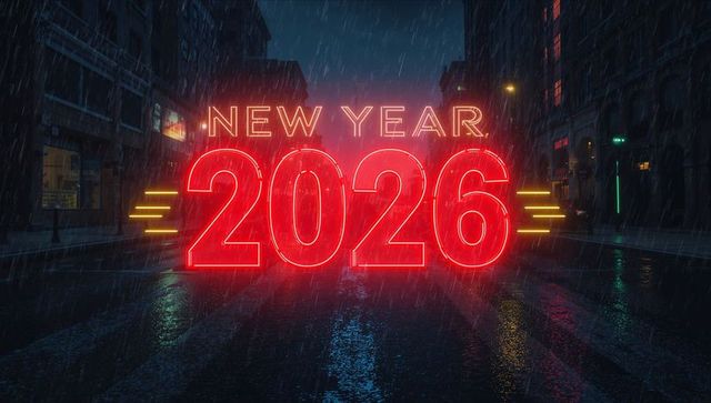Neon New Year 2026 Sign Glowing Red on Rainy City Street Night Reflections