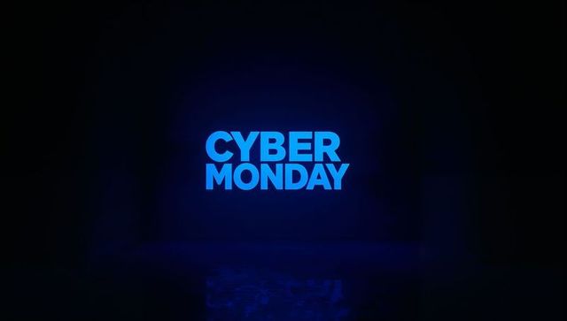 Glowing cyan cyber monday neon sign with glossy reflection minimal futuristic backdrop