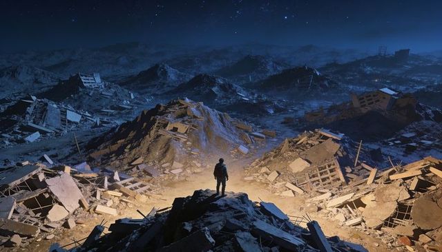 Lone survivor standing on rubble in post-apocalyptic urban ruins under starlit sky