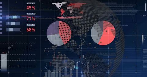 Displaying dotted globe analytics dashboard with pie charts, candlesticks and percent readouts