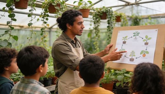 Greenhouse instructor teaching plant lifecycle to children with diagram on easel