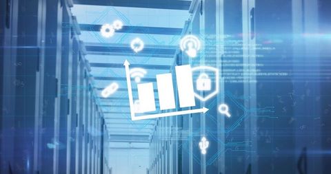 Holographic data and security icons in modern data center