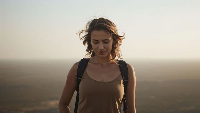 Young woman hiking at golden hour overlooking vast valley, contemplative outdoor portrait