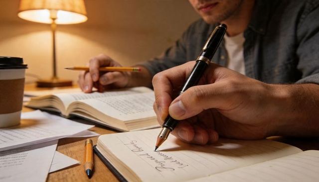 Focused late-night writing and studying with fountain pen, open book, notebook and warm lamp