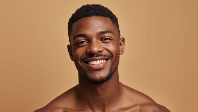 Confident smiling young man with bright teeth closeup headshot on warm beige background