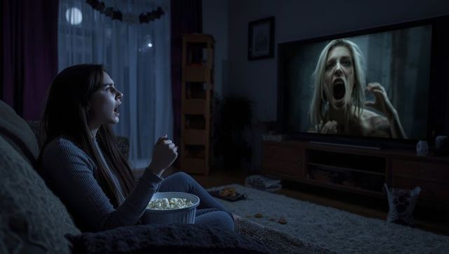 Woman watching horror movie at night with popcorn