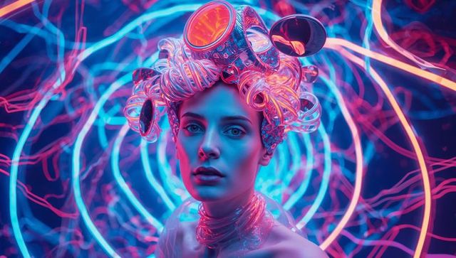 Cyberpunk Aesthetic Model with Neon Headgear in Tech Tunnel