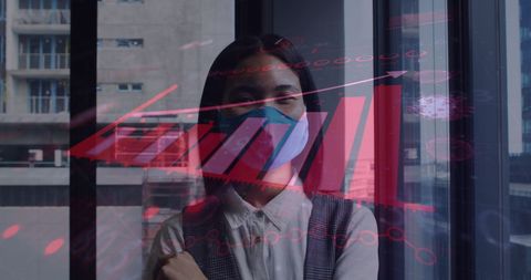 Analytical Businesswoman with Mask Overlapping Digital Financial Chart