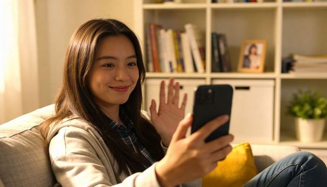 Asian woman waving on video call while relaxing on sofa in cozy living room with books