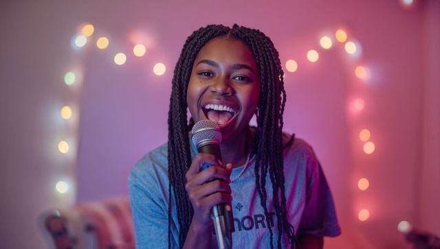 Teenage Girl Singing with Microphone in Cozy Bedroom with Heart Lights