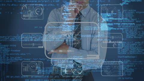Tech Professional Analyzing Data on Transparent Screen