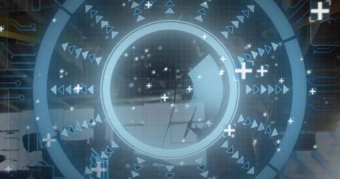 Futuristic translucent circular HUD overlay over blurred cafe workspace with silhouettes