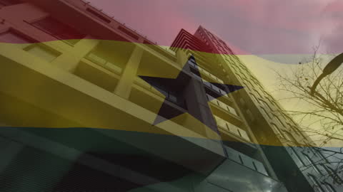 Ghana Flag Overlayed on Modern Office Headquarters