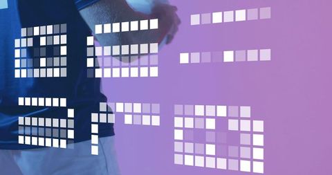 Male crossing arms wearing smartwatch against purple gradient with digital tile ui overlay