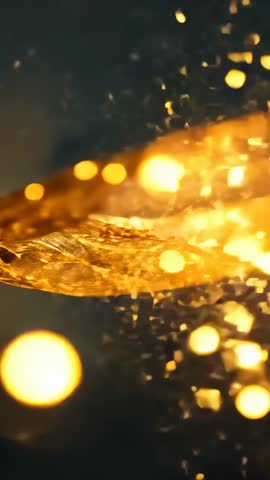 Vertical close-up of golden metallic ribbon flowing toward lens with glowing bokeh lights