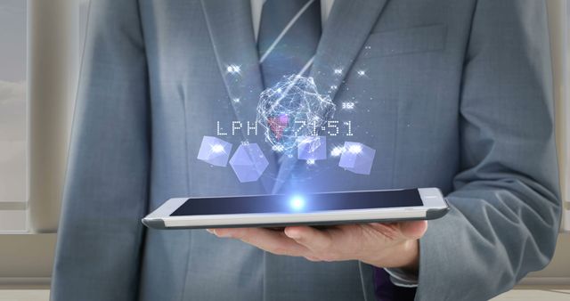 Businessman Holding Tablet with Holographic Data Projection - Download Free Stock Images Pikwizard.com