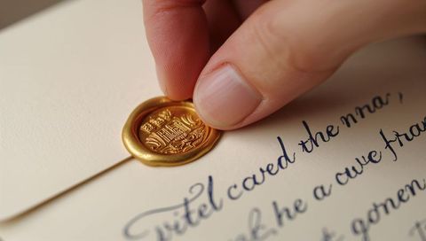 Hand pressing gold wax seal on cream envelope with blue calligraphy for vintage stationery
