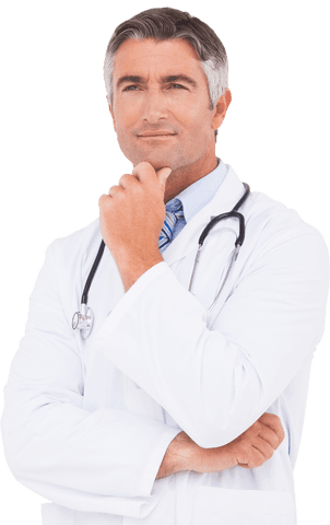 thoughtful male doctor with hand on chin in white coat on transparent background - Download Free Stock Videos Pikwizard.com
