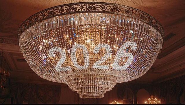 Glittering tiered crystal chandelier forming 2026 with ornate gilded detail in ballroom