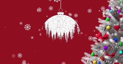 Festive Bauble and Christmas Tree on Red Winter Background
